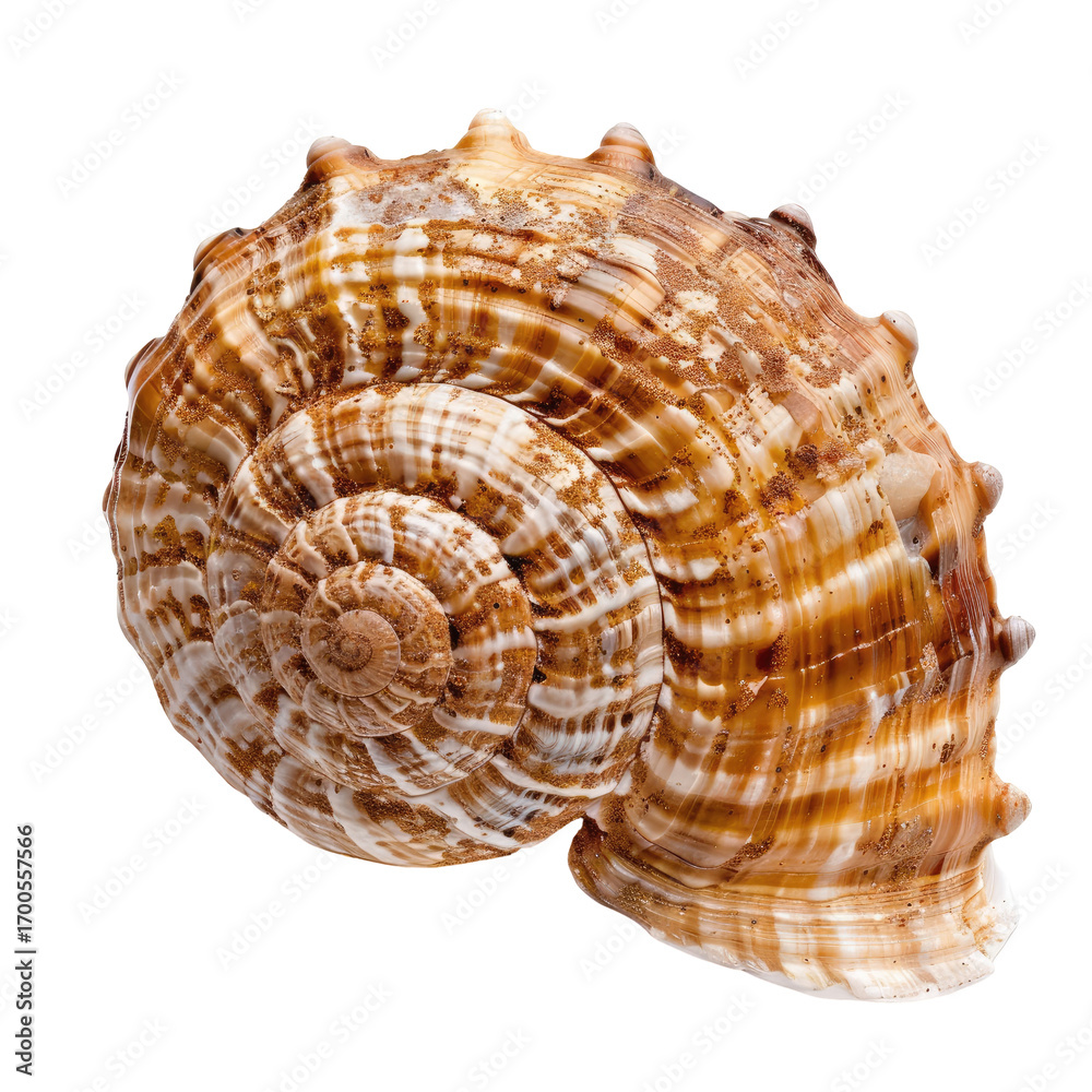 Fototapeta premium Close-up of a spiral seashell. Detailed, ornate, light brown and cream colored spiral shell, showcasing intricate patterns and ridges