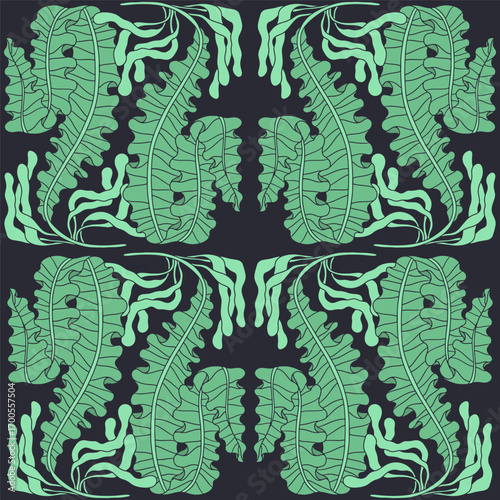 Seaweed abstract botanical coastal seamless pattern art nouveau style. Hand drawn algae repeat background
