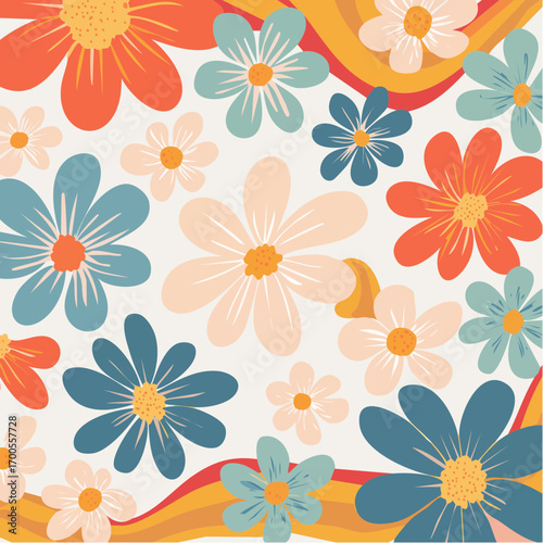 Abstract 90s Y2K background with daisy pattern. Groovy flowers in retro colors. Trendy twisted funky vector texture in abstract y2k style.