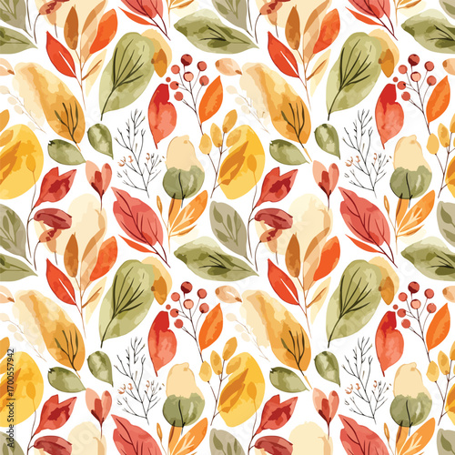 Seamless pattern featuring watercolor autumn leaves and berries on a white background, seamless pattern, royalty stock.