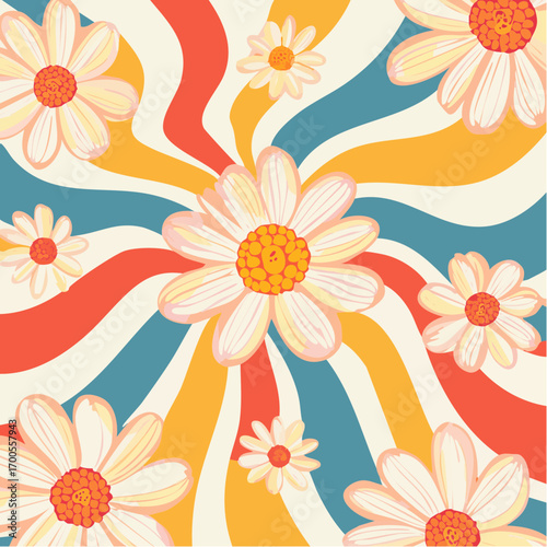 Abstract 90s Y2K background with daisy pattern. Groovy flowers in retro colors. Trendy twisted funky vector texture in abstract y2k style.