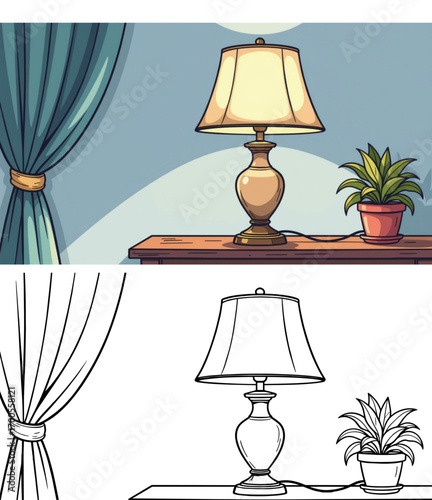 Cozy table lamp and potted plant in home setting with curtains  convenient for left-handers, 