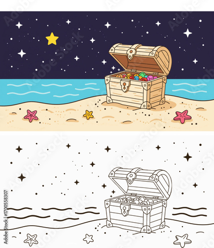 Treasure chest with jewels on sandy beach under starry sky - Concept of coloring page for kids with sample convenient for left-handers  
