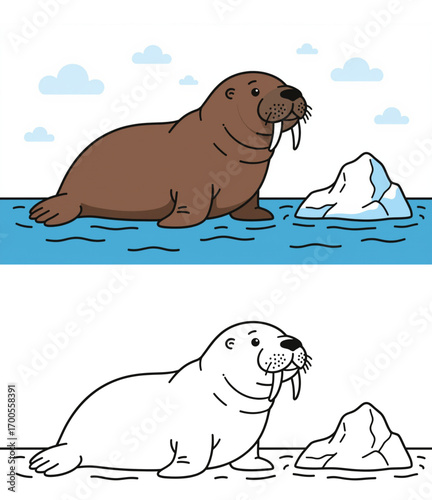 Cartoon walrus resting on iceberg in the ocean with clouds - Concept of coloring page for kids with sample convenient for left-handers 