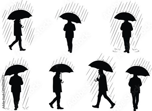 Rainy day walking silhouette set featuring umbrella poses, puddle textures, vertical rain lines, and coat gestures for design and merch