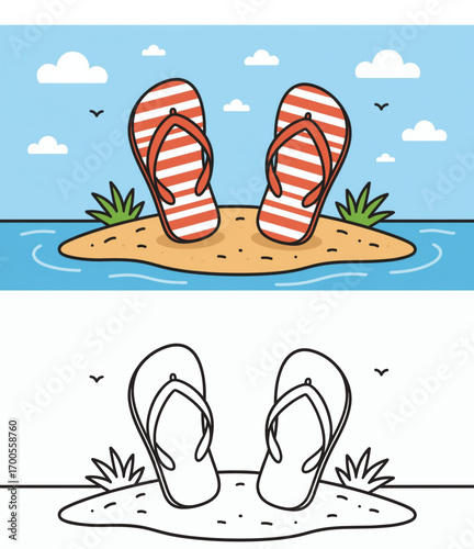 Colorful flip flops on sandy beach and black and white outline for kids coloring page convenient for left-handers  