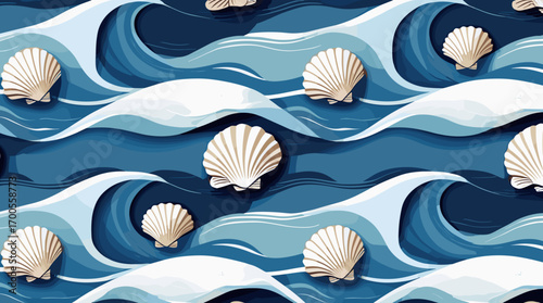 Waves and seashells pattern in a tranquil ocean style on a blue background