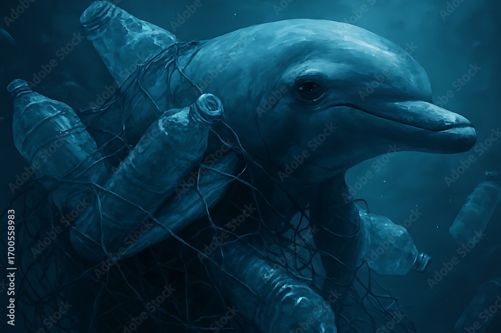 Naklejka premium Trapped Dolphin in Ocean Plastic Crisis Shows Dark Environmental Pollution silhouette