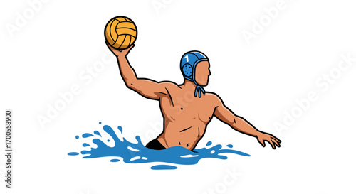 Water polo player throwing ball in dynamic cartoon style with splash