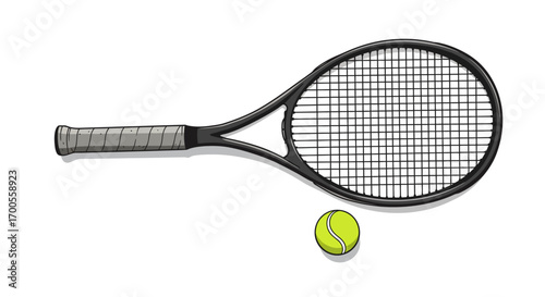 Detailed tennis racket and bright green ball on white background