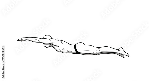 Dynamic silhouette of a swimmer diving forward in black and white