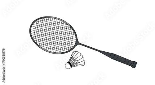 Badminton racket and shuttlecock in flat design on white background
