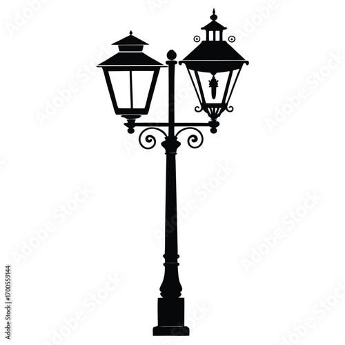 Ornate Double Street Lamp Silhouette with Decorative Elements and Classic Design Features
