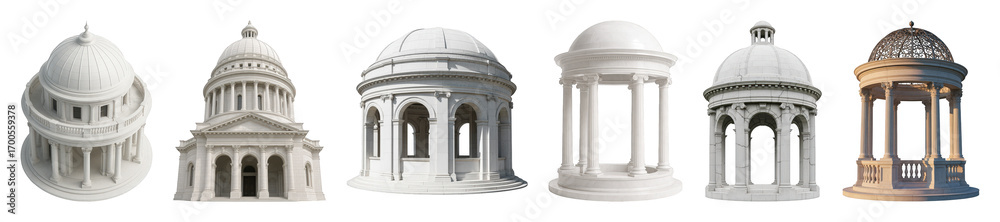 Fototapeta premium Classical architectural dome structure set including various styles of rotundas, cupolas, and pavilions isolated. Elegant building elements.