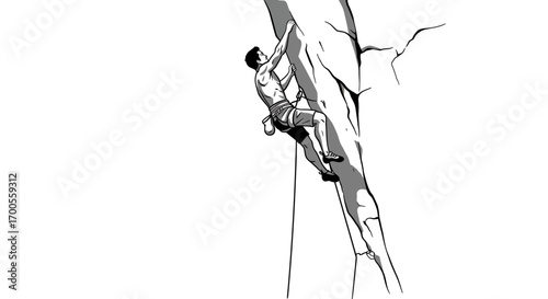 Monochrome rock climber ascending cliff face in dynamic pose