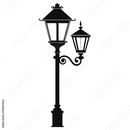 Elegant Black Silhouette Victorian Street Lamp with Two Distinct Lights and Ornate Details