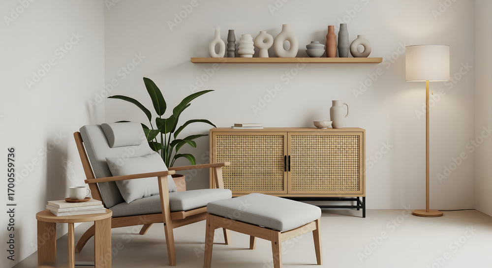Fototapeta premium Serene modern living room featuring a comfortable armchair, ottoman, and natural wood furniture with elegant decor accents