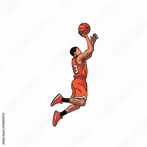 Vector Illustration of Basketball Player in Jumping Action in Modern Athletic Style with Bright Orange and Black Colors