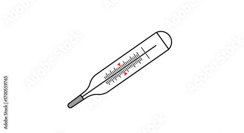 Classic glass thermometer with red mercury on white background