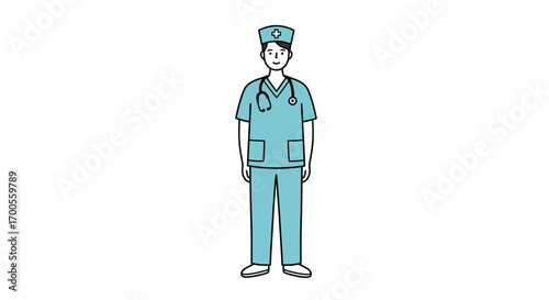 Smiling nurse in blue scrubs with stethoscope on white background
