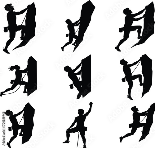 Rock climbing silhouette set featuring dynamic poses, gear details, and vertical motion for sports design, education, and merch use