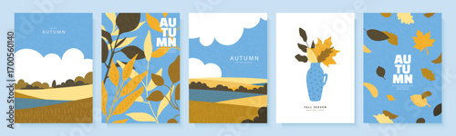 A versatile collection of modern autumn posters featuring minimalist landscapes and botanical illustrations. Designed in a flat, textured style, perfect for social media stories and greeting cards