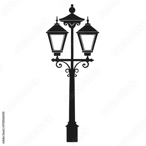 Elegant Victorian Street Lamp Silhouette Ornate Black Lamppost with Two Lanterns and Decorative Details