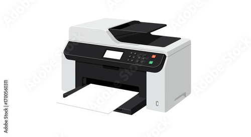 Modern office printer with paper on tray isolated on white background