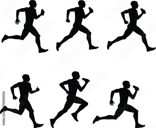 Running silhouette set featuring baton handling, stride phases, and athletic motion for sports design, education, animation, and merch