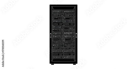 Black silhouette of data center server rack isolated on white background