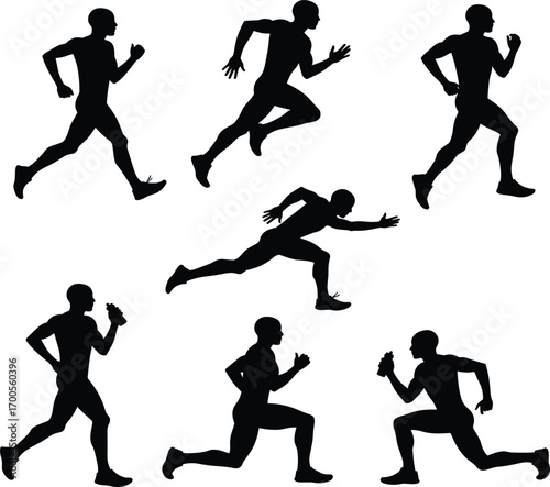 Running silhouette set featuring sprint phases, athletic motion, and dynamic posture for sports design, education, animation, and merch