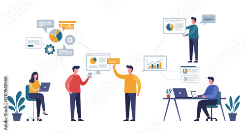 Remote team collaboration with data charts and discussions in a modern office setting