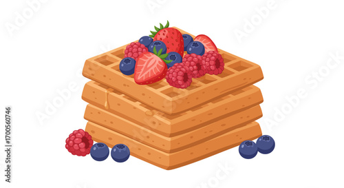 Delicious waffles with fresh berries on top in a flat style