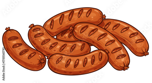 Delicious grilled sausages with crispy texture in cartoon style