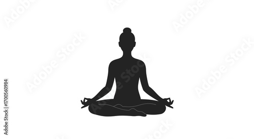 Silhouette of a woman meditating in lotus pose on a white background