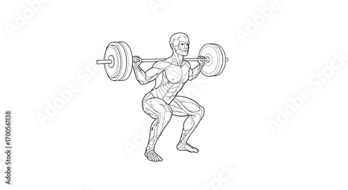 Anatomical muscle diagram of man performing squat exercise