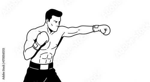 Minimalist black and white boxing illustration of male athlete throwing punch