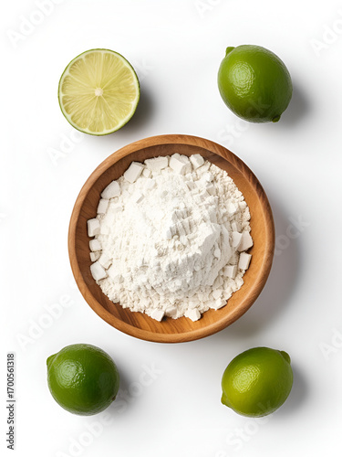 Calcium hydroxide powder (Deydrated lime) in wooden bowl isolated on white background. Top view. Flat lay.