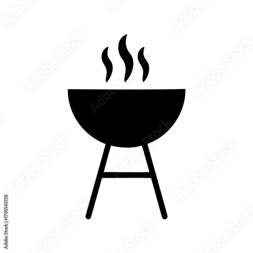Black silhouette of a barbecue grill emitting steam, on a white background