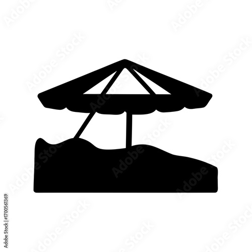 Beach umbrella over sand, minimalist vector silhouette for summer relaxation concept