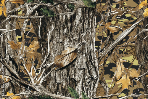 Tree hunting pattern. Camouflage background. Seamless pattern. Digital camouflage. Abstract camo. Forest background. Jungle texture. Real tree hunting camouflage pattern. Vector camo seamless pattern.