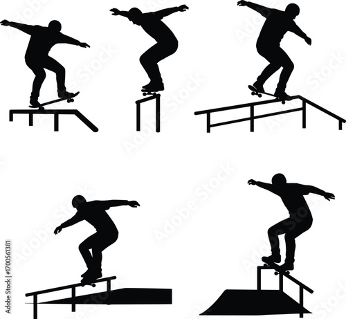 Skateboarding silhouette set featuring rail tricks, ledge jumps, and platform maneuvers for sports design, education, animation, and merch
