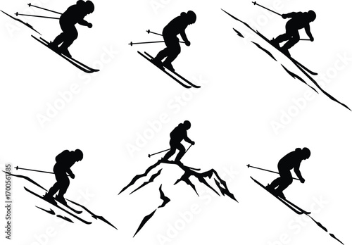 Skier silhouette illustration set featuring downhill poses, jump gestures, and slope motion for sports design, winter merch, and education