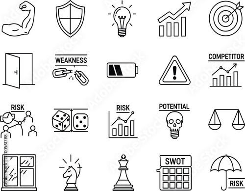 Strategy icon set, black line style, cartoon business symbols, vector illustration, risk graphics, SWOT pack, leadership design bundle