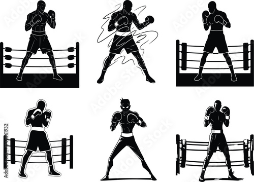 Stylized boxer illustration set featuring fighting stances, ring action, motion effects, and expressive poses for design, merch, and education