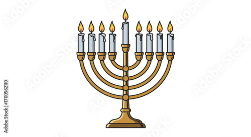 Traditional golden menorah with nine lit candles over white background