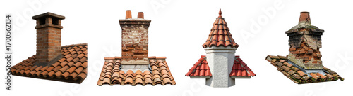 Chimney and roof set including modern brick, weathered, stucco, and aged mossy styles isolated. Architectural building elements.