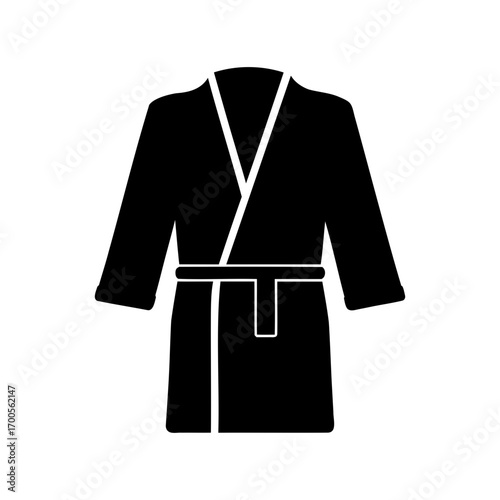 Minimalist depiction of a black bathrobe with a belt and soft sleeves