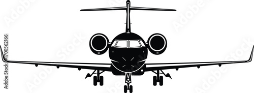 Black and white silhouette illustration of jet airplane front view, aircraft with landing gear, aviation and transportation concept, vector art, flat design