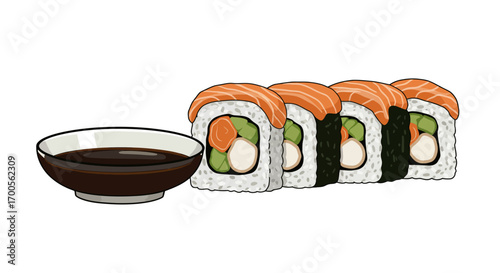 Realistic sushi and soy sauce bowl with fresh salmon topping